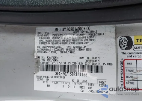 2008 Ford Fusion Se z USA, uszkodzony, nr VIN 3FAHP07158R161166